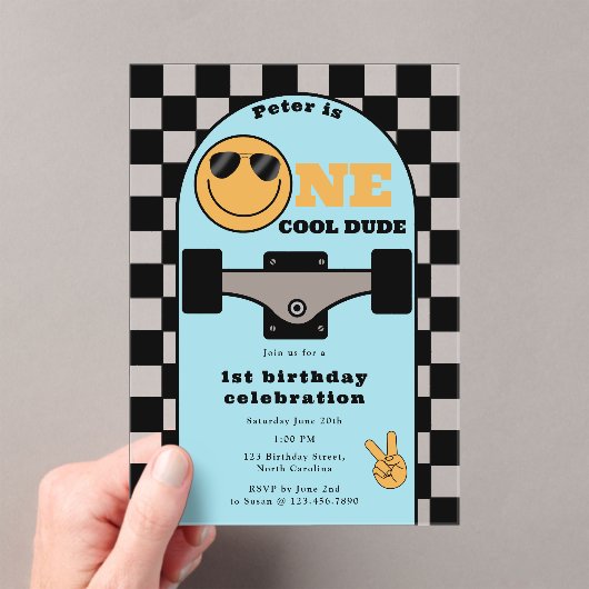 カッコいいスケーターの1歳の誕生日招待状 アクリル招待状 (インサイチュ (ポータブル))