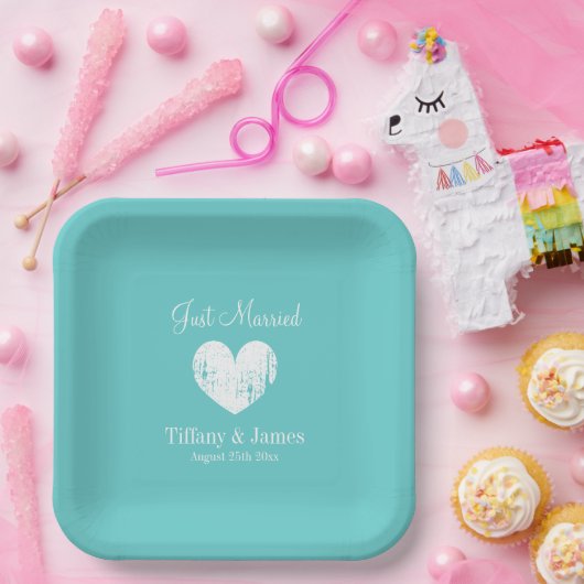 カッコいいターコイズブルーとホワイトのウェディングパーティープレート ペーパープレート (パーティー)