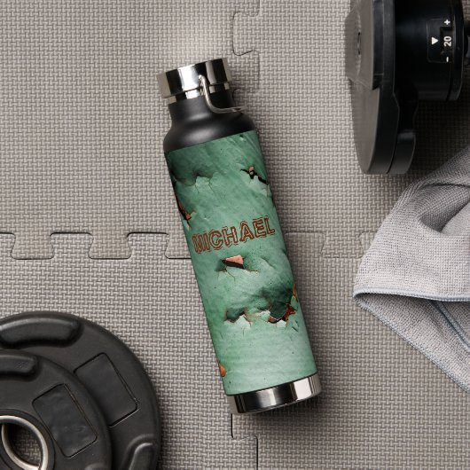 カッコいいターコイズ茶色の錆びた金属あなたの名前 ウォーターボトル (ジム)