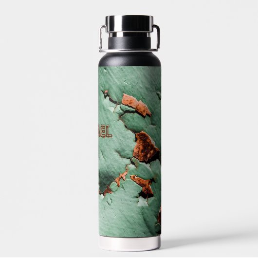 カッコいいターコイズ茶色の錆びた金属あなたの名前 ウォーターボトル (背面)