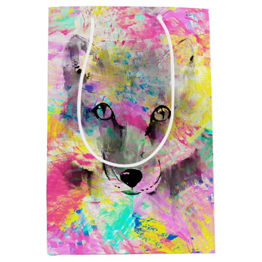 カッコいいトレンディーカラフル鮮やかfox抽象芸術絵を描 ミディアムペーパーバッグ (正面)
