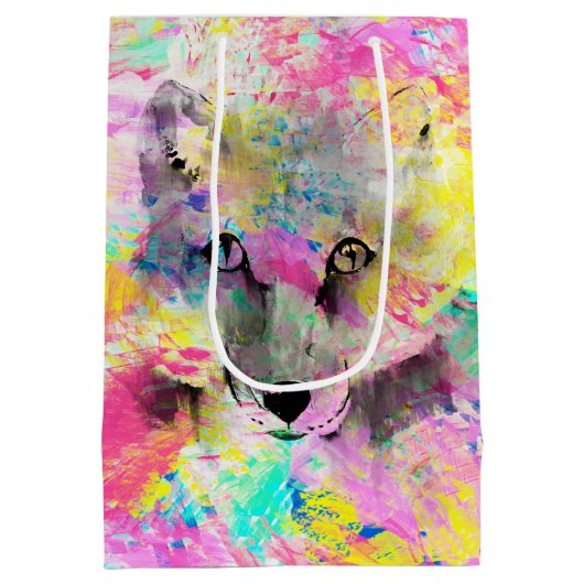 カッコいいトレンディーカラフル鮮やかfox抽象芸術絵を描 ミディアムペーパーバッグ (裏面)