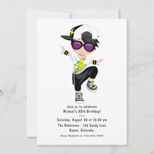 カッコいいヒップホップラップのボーイブレイクダンサー誕生日パーティー 招待状 (正面)