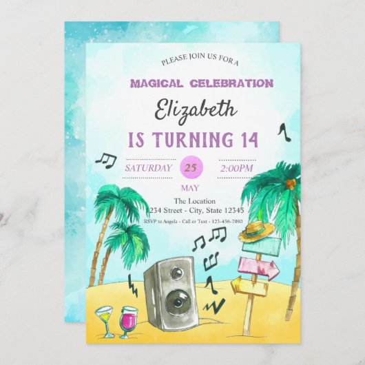 カッコいいビーチパーティー誕生日 招待状 (正面/裏面)
