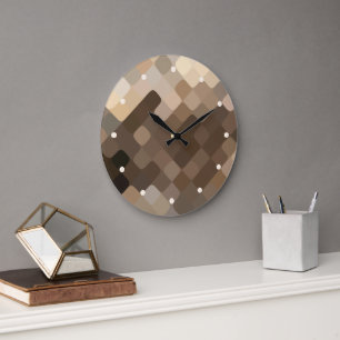 カッコいいファンキーTaupe Beige Brown Mosaic Art Pattern ラージ壁時計