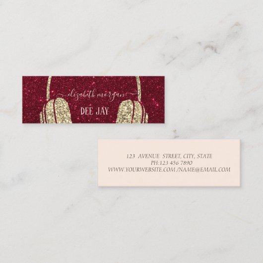 カッコいいモダン金ゴールドグリッターヘッドフォンDJレッドグリッター スキニー名刺 (正面/裏面)