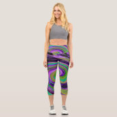 カッコいいレトロパープルとチャートルーズ液体アートスワール カプリレギンス (正面)