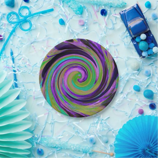 カッコいいレトロパープルとチャートルーズ液体アートスワール ペーパープレート (パーティー)