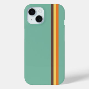 カッコいいレトロ70sティール(緑がかった色)ストライプイエローオレンジブラウン iPhone 15ケース