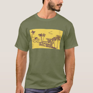 カッコいいヴィンテージイエロートロピカルビーチスケッチ Tシャツ