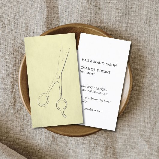 カッコいいヴィンテージテクスチャーの黄色いシザー美容師 名刺