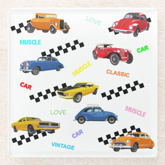 カッコいいヴィンテージ車とクラシック車をすべて1つの場所に ガラスコースター (正面)
