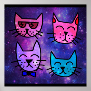 カッコいい宇宙の背景の猫顔 ポスター