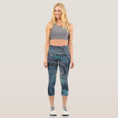 カッコいい抽象芸術レトロブラックとティール（緑がかった色）コズミックスワール カプリレギンス (正面)