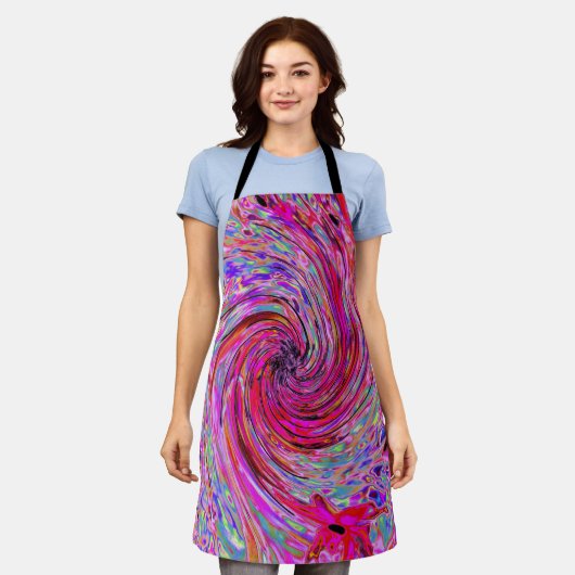 カッコいい抽象芸術レトロホットピンクと赤フローラ旋回 エプロン (着用した状態)