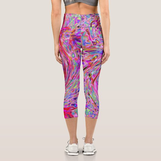 カッコいい抽象芸術レトロホットピンクと赤フローラ旋回 カプリレギンス (裏面)