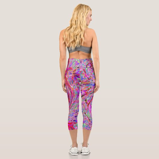 カッコいい抽象芸術レトロホットピンクと赤フローラ旋回 カプリレギンス (裏面)