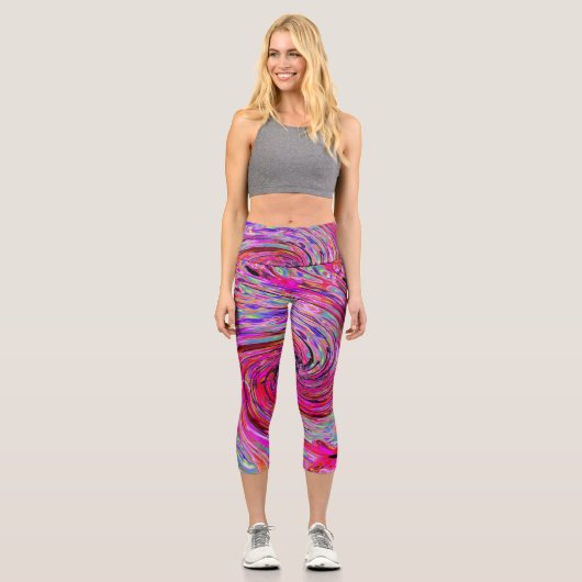 カッコいい抽象芸術レトロホットピンクと赤フローラ旋回 カプリレギンス (正面)