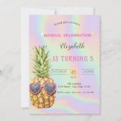 カッコいい水色パイナップルホログラフィック誕生日 招待状 (正面)