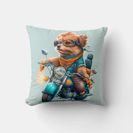 カッコいい犬のバイクもしくは自転車に乗る人バイクの可愛い装飾用クッション クッション (正面)