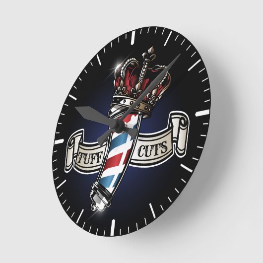 カッコいい理容師ポールとクラウンロゴのパーソナライズ3 ラウンド壁時計 (傾斜)