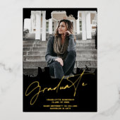 カッコいい金ゴールドブラック大学院スクリプト写真卒業 箔招待状 (正面)