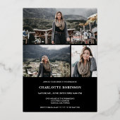 カッコいい金ゴールドブラック大学院スクリプト写真卒業 箔招待状 (裏面)