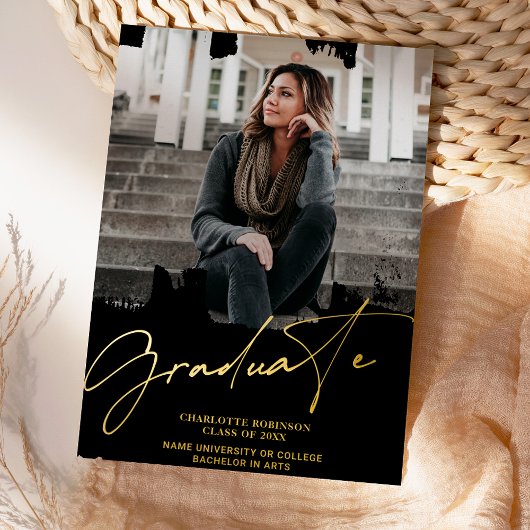 カッコいい金ゴールドブラック大学院スクリプト写真卒業 箔招待状