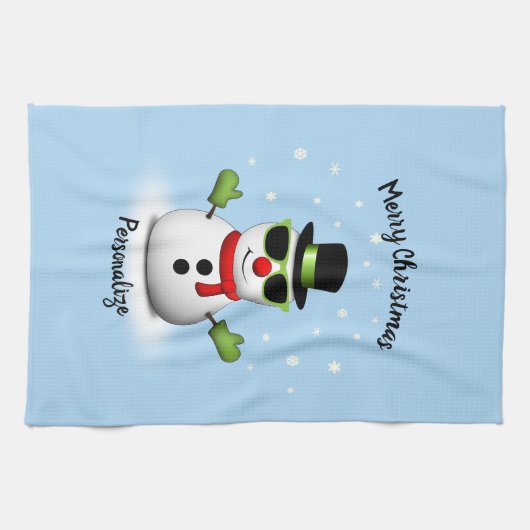 カッコいい雪だるま愛らしいスミルクのクリスマスのパーソナライズ キッチンタオル (横)