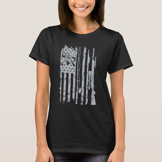 カッコいい魚釣りロッド狩りライフル米国旗 Tシャツ (正面)