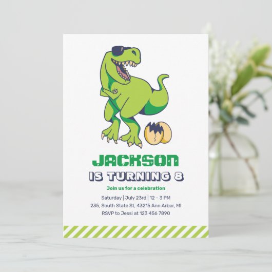 カッコいいTレックスグリーン恐竜子供の誕生日パーティー 招待状 (スタンド正面)