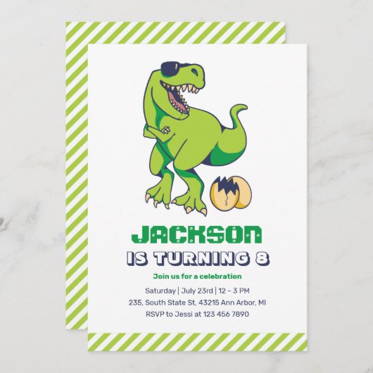 カッコいいTレックスグリーン恐竜子供の誕生日パーティー 招待状 (正面/裏面)