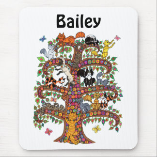 カッコいいTree Cat Flower Monogram Name(ユニークツリー・キャット・フラ マウスパッド