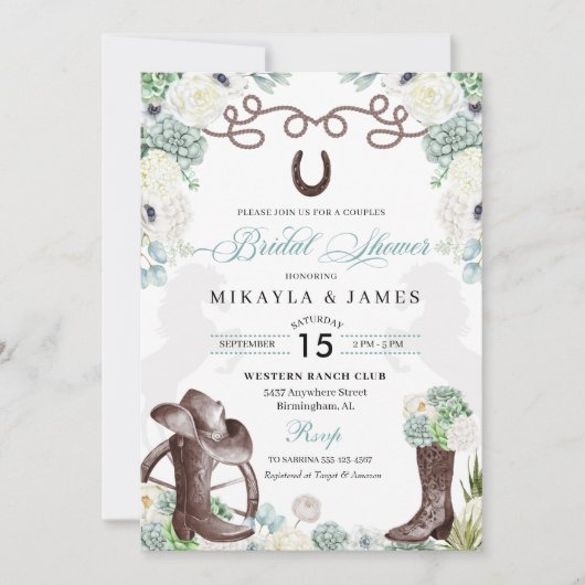 カッティフローラウエスタンカウボーブーツブライダルシャワー 招待状 (正面)