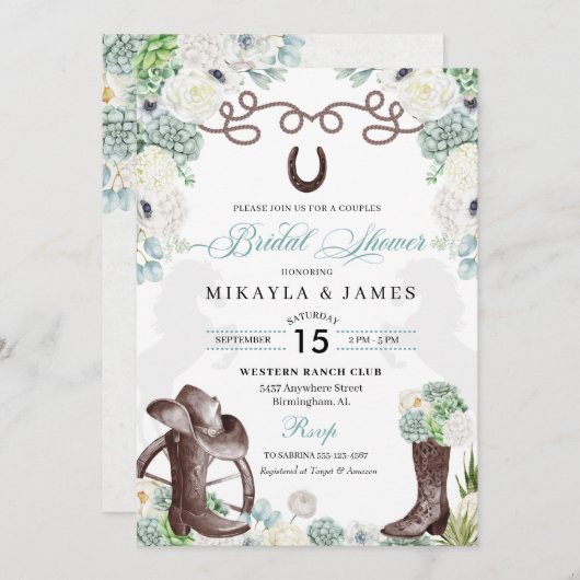 カッティフローラウエスタンカウボーブーツブライダルシャワー 招待状 (正面/裏面)