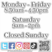 カットビニールステッカー – オープン時間ソーシャルメディア シール (正面)