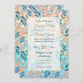 カットブグラデーションルーオレンジの葉の水色 招待状 (正面/裏面)