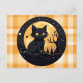 カット黒猫オレンジと白の格子柄ハロウィーン シーズンポストカード (正面)