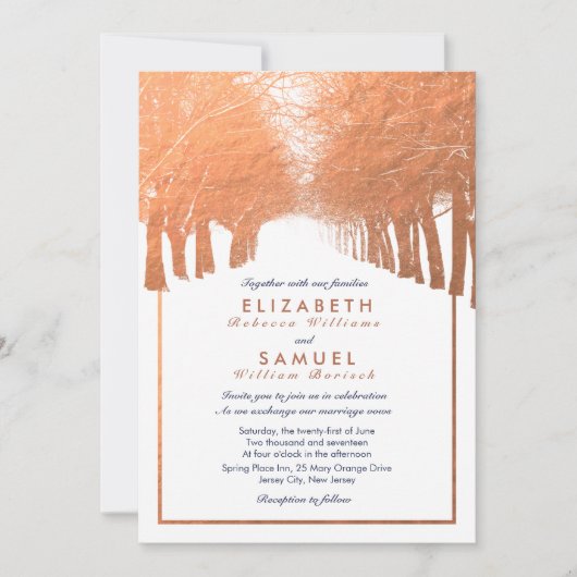 カッパーウィンターツリーズアベニューネイビー結婚式招待状 招待状 (正面)