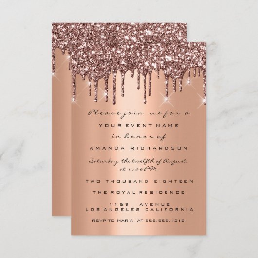 カッパーグリッターが滴るローズゴールドのウェディングシャワー 16日 招待状 (正面/裏面)