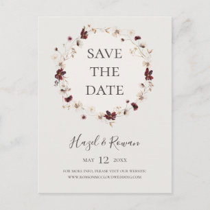 カッパーバーガンディ ワイルドフラワー   ベージュ Save The Date インビテーションポストカード
