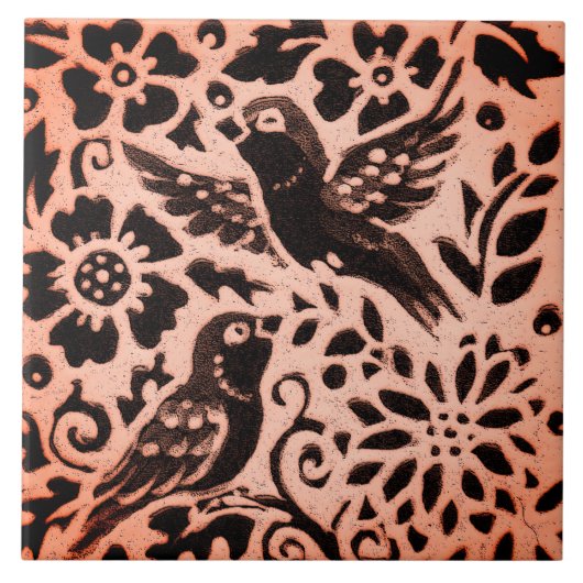 カッパーブラウンウッドランドバードフローラリーフ秋トリベット タイル (正面)