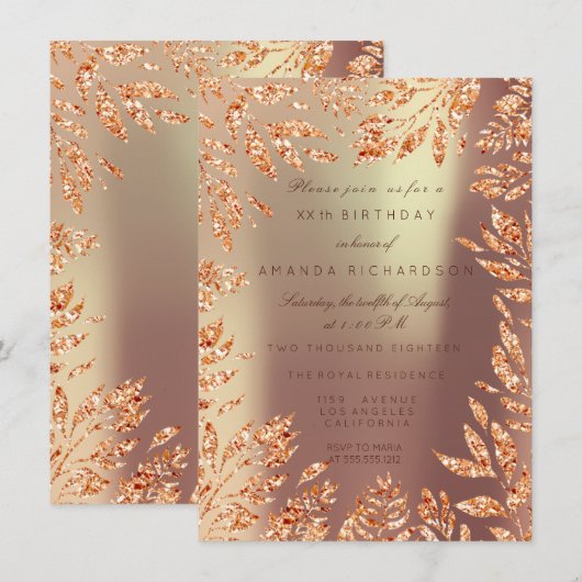 カッパーローズゴールドグリッター葉 フラワーズ フレーム 招待状 (正面/裏面)