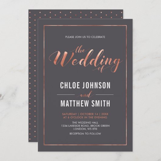 カッパー＆グレー | シンプル モダン タイポグラフィー ウェディング 招待状 (正面/裏面)