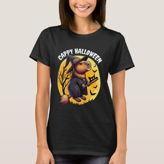カッピーハロウィン おもしろい カピバラ 魔女 黒猫 スパイ Tシャツ (正面)