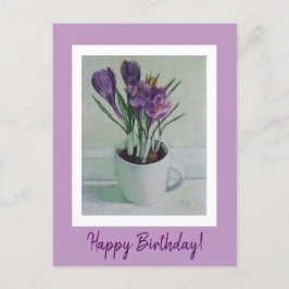 カップかわいらし誕生日アートの紫色のクロッカスの花 ポストカード