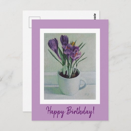 カップかわいらし誕生日アートの紫色のクロッカスの花 ポストカード (正面/裏面)
