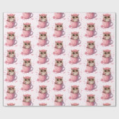 カップでかわいいピンクのフクロウパターン（の模様が）ある ラッピングペーパー (フラット)