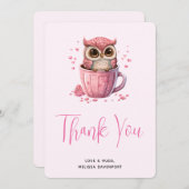 カップでかわいいピンクのフクロウ サンキューカード (正面/裏面)