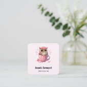 カップでかわいいピンクのフクロウ スクエア名刺 (スタンド正面)